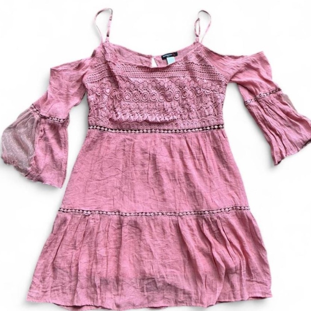 Pink Boho Babydoll Dress with Crochet Lace